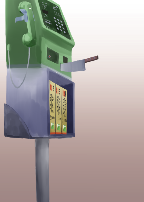 copyright_request, gafu_(gaff), knife, no_humans, phone, stabbing, still_life