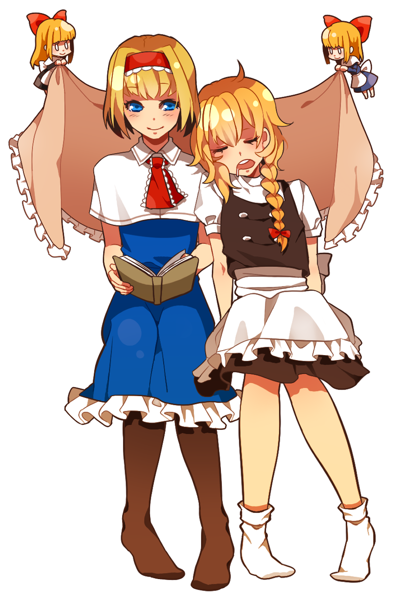 alice_margatroid, apron, blanket, blonde_hair, blue_eyes, blush, book, bow