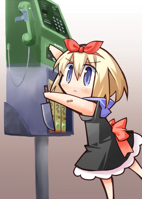 bandaid, blonde_hair, blue_eyes, bow, chibi, deformed, dress, gafu_(gaff)