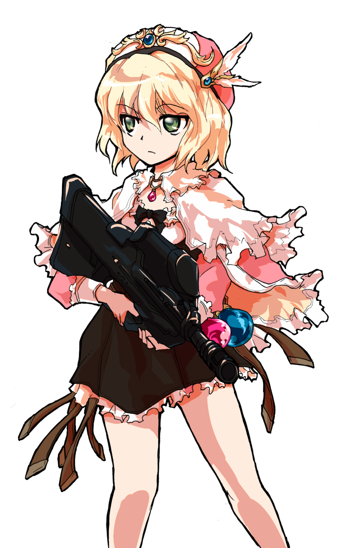 alice_margatroid, alphes_(style), assault_rifle, atelier_(series), atelier_rorona, blonde_hair, bow, bullpup, capelet, dress, fn_f2000, frills, gem, green_eyes, gun, hat, jewelry, parody, pendant, rifle, rororina_fryxell, rororina_fryxell_(cosplay), simple_background, solo, style_parody, touhou, towie, transparent_background, weapon, wings