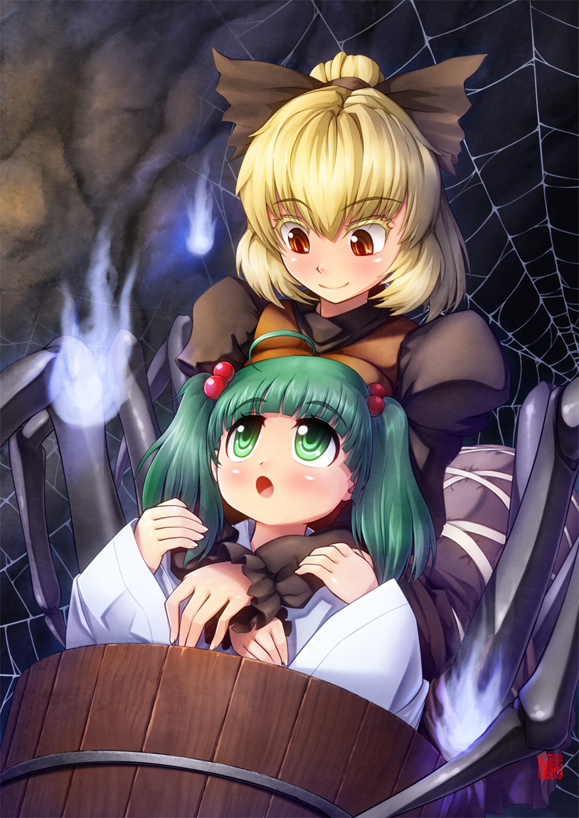 ahoge, blonde_hair, bow, bucket, green_eyes, green_hair, hair_bobbles, hair_bow