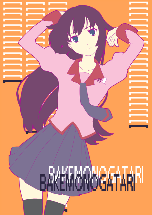 blue_eyes, long_hair, monogatari_(series), necktie, pen, purple_hair, ruler, school_uniform