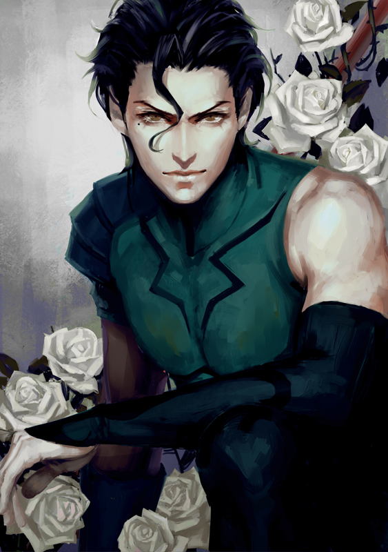 ahoge, armor, bad_id, black_hair, fate/zero, fate_(series), flower, jun_du