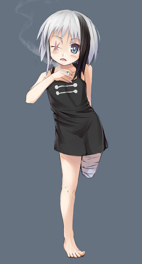 amputee, bandage, bandages, bare_shoulders, barefoot, bikko, blue_eyes, cigarette