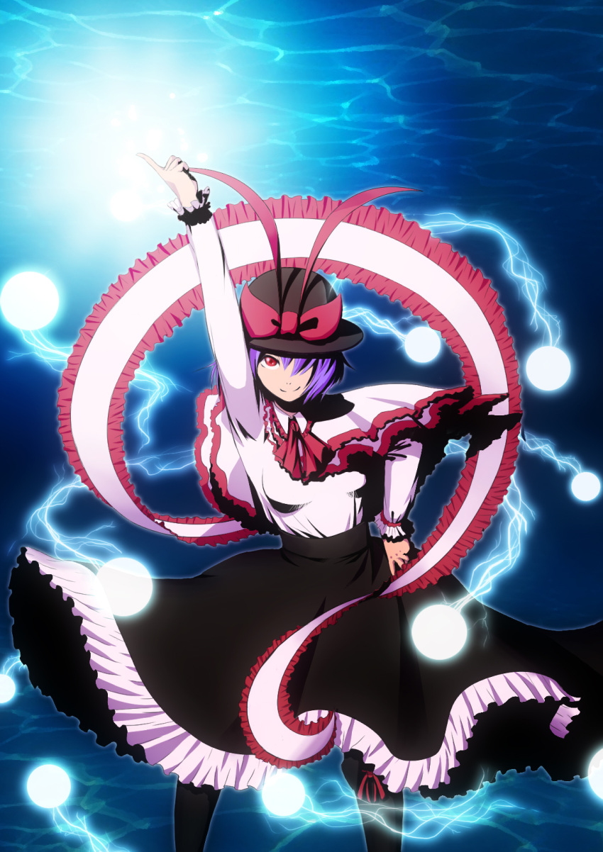 bow, capelet, covering_one_eye, electricity, hat, hat_bow, highres, long_skirt