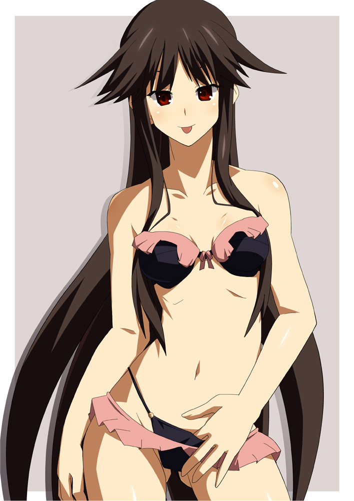alternate_hairstyle, bare_shoulders, black_bra, black_hair, black_panties, blush, bra, brown_hair