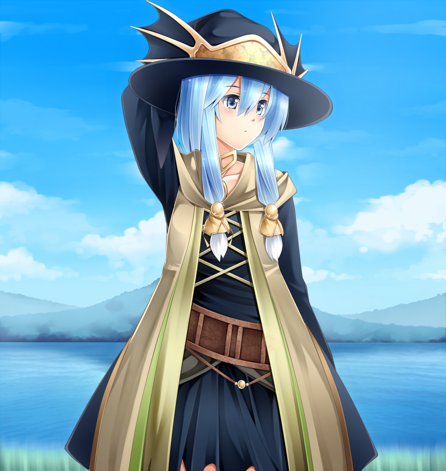 blue_hair, coat, duel_monster, eria, hat, komitsu, long_hair, ritua_erial, witch_hat, yu-gi-oh!, yuu-gi-ou, yuu-gi-ou_duel_monsters