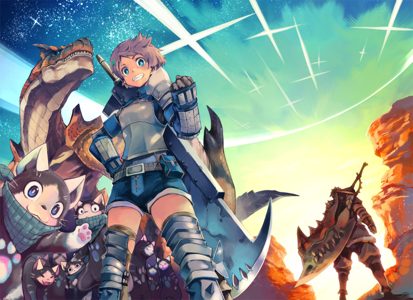 1girl, :3, armor, belt, blue_eyes, brown_hair, clenched_hand, gauntlets, greaves, grin, hair_ornament, hairpin, hand_on_hip, hips, hunter's_armor, hunter's_armor, melynx, monster_hunter, pouch, ryuuta_(ipse), short_hair, shorts, smile, steel_armor_(monster_hunter), sword, tigrex, weapon