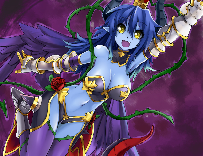 :d, arm_up, armor, asmodeus_(shinrabanshou), astaroth_(shinrabanshou), black_sclera, blue_hair, blue_skin, breasts, character_request, cleavage, demon_girl, demon_horns, fang, flower, gauntlets, haik, hat, horns, long_hair, low_wings, navel, open_mouth, pointy_ears, purple_legwear, rose, shinrabanshou, smile, solo, thigh-highs, thighhighs, vines, wings, yellow_eyes