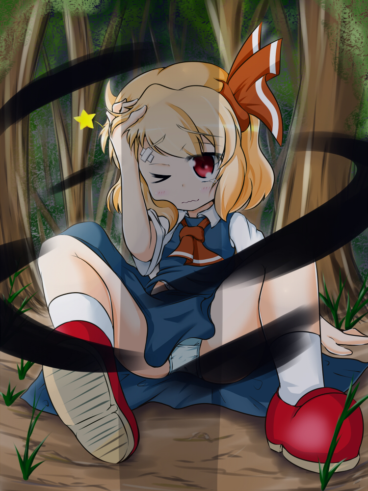 ascot, bandage, bandages, blonde_hair, child, forest, hair_ribbon, nature