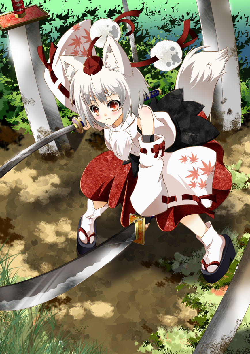 animal_ears, clog_sandals, detached_sleeves, dual_wielding, hat, highres, inubashiri_momiji, katana