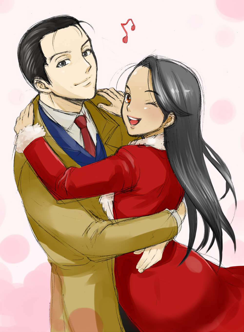 1girl, black_hair, brown_eyes, couple, dark_skin, fujita_reiji, fur_trim, gallery_fake, hair_slicked_back, highres, hug, long_coat, long_hair, musical_note, nicorin, sara_halifa, slicked_back_hair, smile, wink