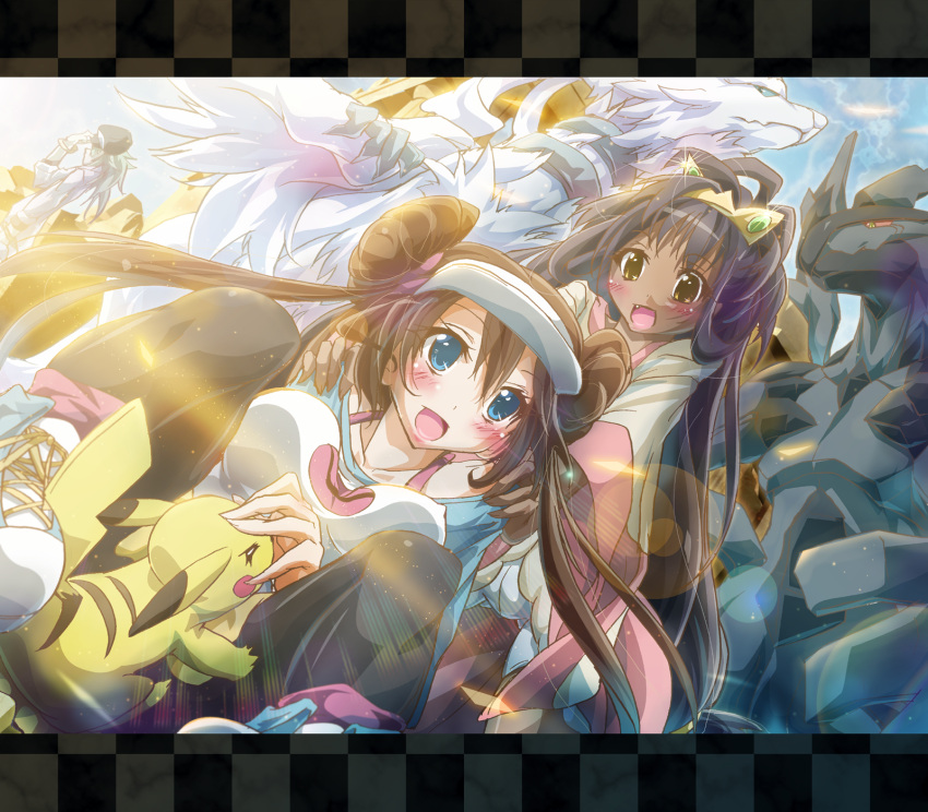 2girls, baseball_cap, black_legwear, blush, brown_hair, crown, double_bun, fang, hat, highres, ikatomo, inoshishi_(ikatomo), iris_(pokemon), long_hair, mei_(pokemon), multiple_girls, n_(pokemon), pantyhose, pikachu, pokemon, pokemon_(game), pokemon_bw2, purple_hair, reshiram, shoes, sneakers, sparkle, twintails, very_long_hair, visor_cap, wide_sleeves, zekrom