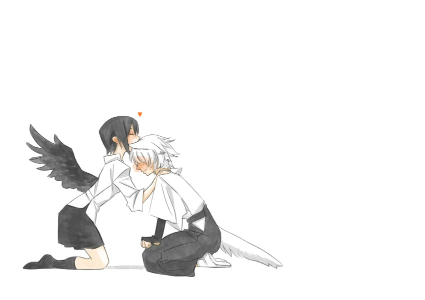 animal_ears, artist_request, black_hair, blush, closed_eyes, eyes_closed, forehead_kiss, heart, inubashiri_momiji, kiss, kuroi_yasu, multiple_girls, shameimaru_aya, short_hair, skirt, tail, touhou, white_hair, wings, wolf_ears, wolf_tail, yuri