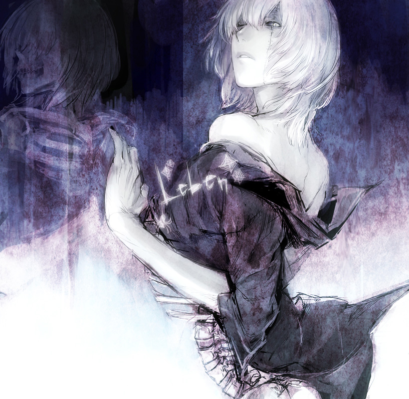 black_dress, dress, grey_eyes, off_shoulder, original, reflection, scar, short_hair