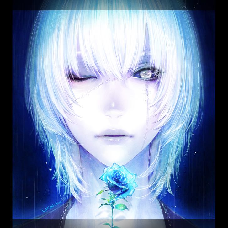 blue_rose, bust, flower, frame, grey_eyes, looking_at_viewer, original, parted_lips