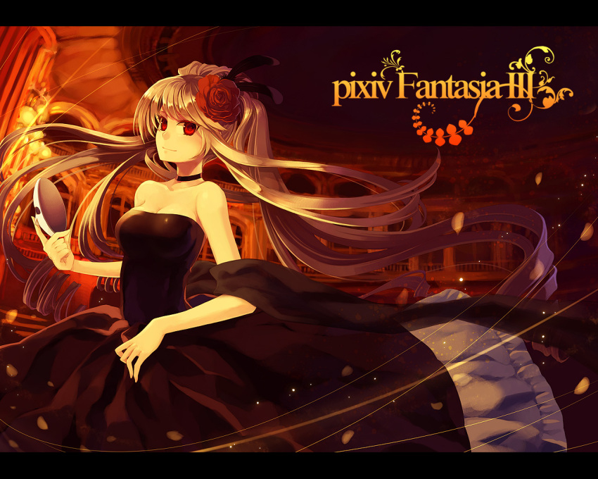 ballroom, bare_shoulders, black_dress, blonde_hair, choker, dress, flower, hair_flower