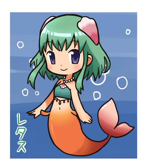 blush, chibi, crop_top, dadadanoda, green_hair, hair_ornament, halter_top, halterneck, harvest_moon, leia_(harvest_moon), mermaid, midriff, monster_girl, navel, pearl, purple_eyes, shell, sleeveless, sleeveless_shirt, smile, solo, violet_eyes