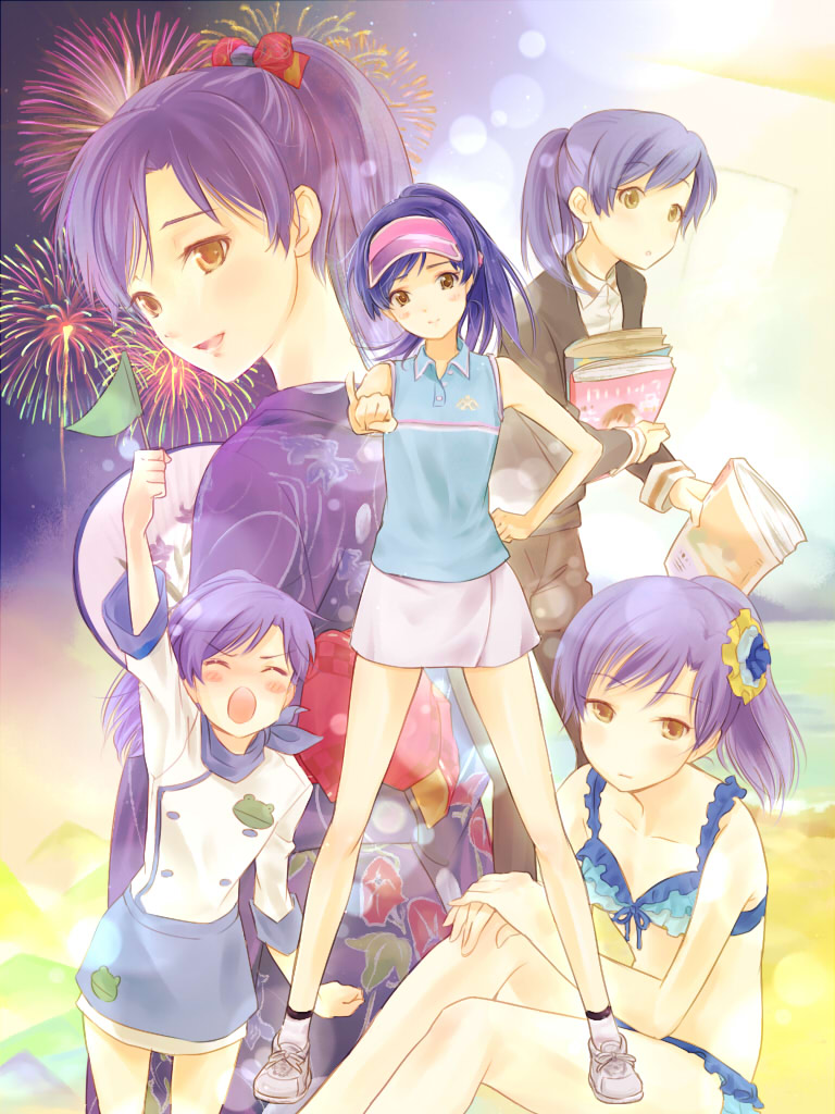 alternate_costume, alternate_hairstyle, apron, ascot, bikini, blush, cardigan, closed_eyes