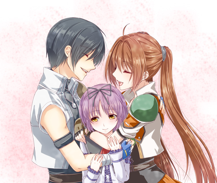 2girls, black_hair, brown_hair, closed_eyes, coat, eiyuu_densetsu, estelle_bright, eyes_closed