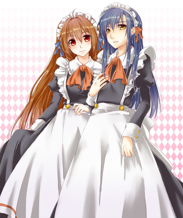 alternate_costume, alternate_hairstyle, apron, black_hair, brown_hair, dress, eiyuu_densetsu, enmaided