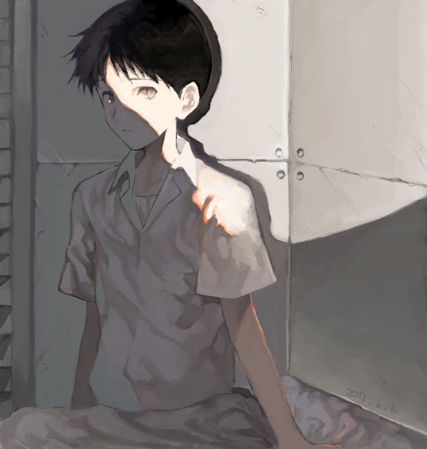 1boy, black_hair, drawr, ikari_shinji, looking_at_viewer, neon_genesis_evangelion, potatozoo, sitting