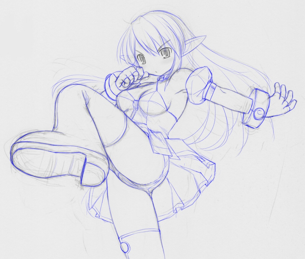 bare_shoulders, boots, breasts, cleavage, detached_sleeves, elf, elsword, fighting_stance