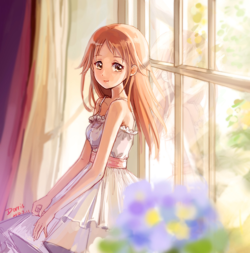 bare_shoulders, blonde_hair, brown_eyes, dated, dorris, dress, long_hair, miyamoto_konatsu