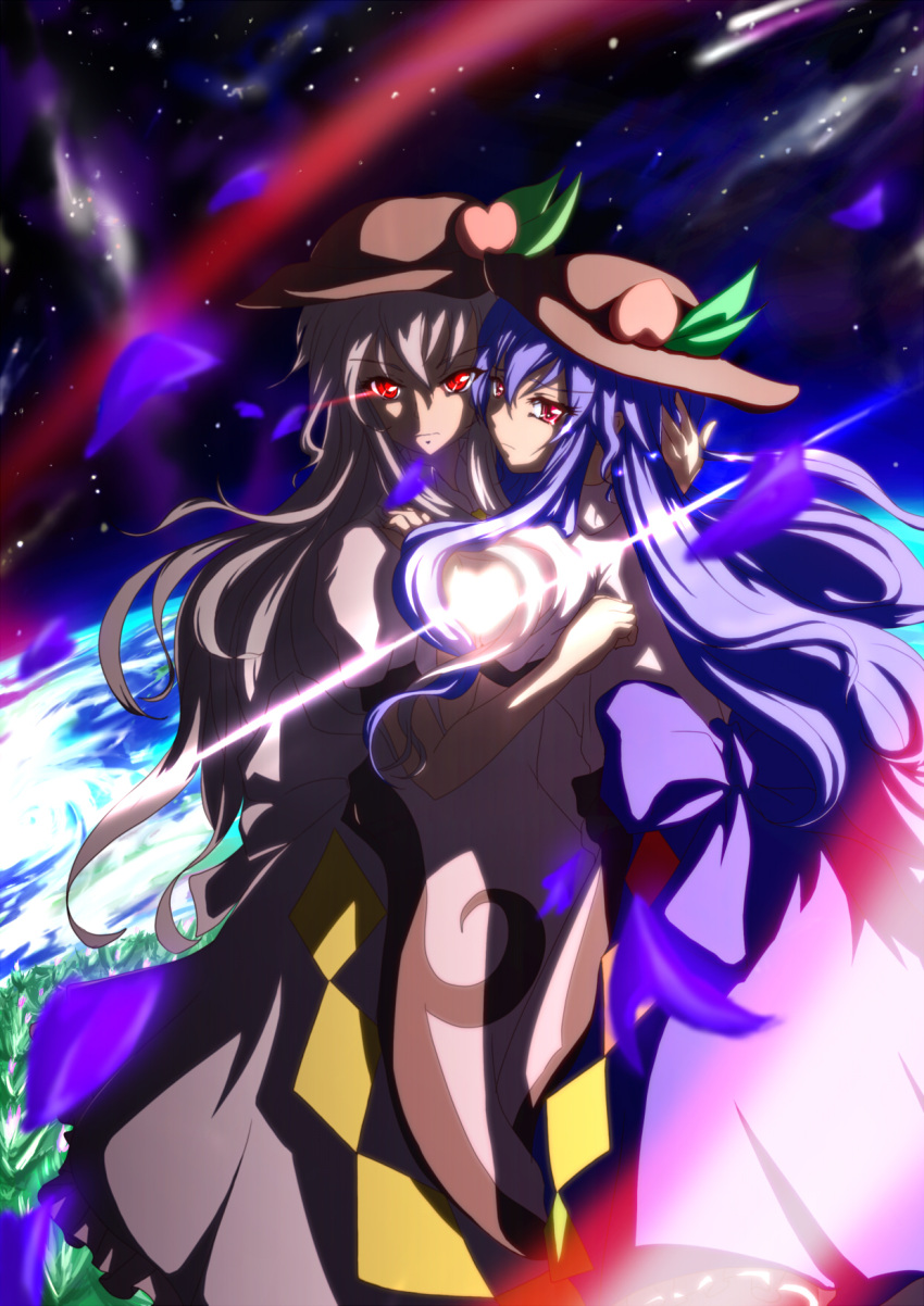 1girl, alternate_color, alternate_hair_color, blue_hair, dual_persona, earth, food, fruit