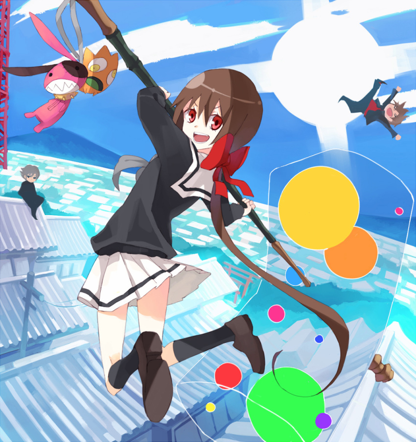 bow, brown_hair, hair_bow, hammer, jumping, koto_(kyousougiga), kyousougiga, long_hair, pao, ponytail, red_eyes, rooftop, school_uniform, serafuku, skirt, stuffed_toy, weapon