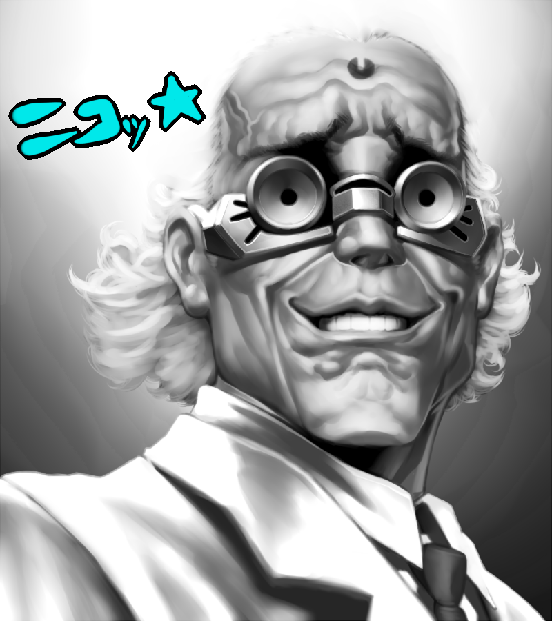 1boy, cibacibaciba3, desty_nova, furrowed_brow, goggles, grin, gunnm, looking_at_viewer, monochrome, necktie, smile, solo, translation_request