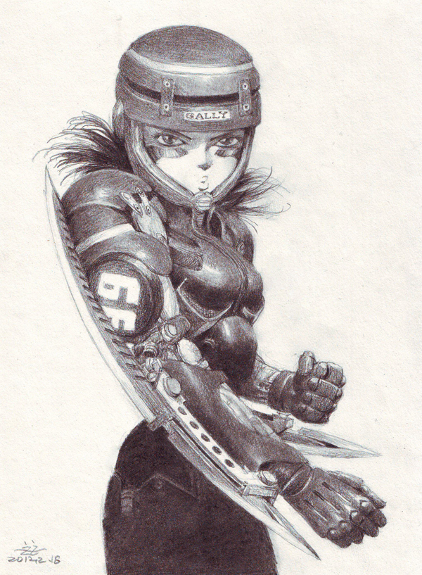 1girl, armor, cyberpunk, cyborg, facial_mark, flowerzz, gally, gunnm, helmet, lips, looking_at_viewer, monochrome, pursed_lips, serious, solo, traditional_media, weapon