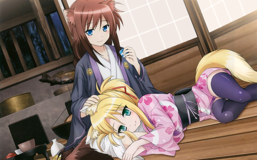animal_ears, aqua_eyes, blonde_hair, blue_eyes, brioche_d'arquien, brioche_d'arquien, brown_hair, dog_days