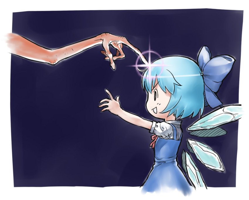 blue_hair, bow, chibi, cirno, crossover, e.t., et, hair_bow