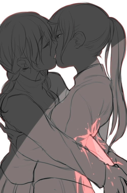 blood, braid, hug, kiss, knife, madotsuki, multiple_girls, murder, poniko, ponytail, stabbed, twin_braids, yume_nikki, yuri