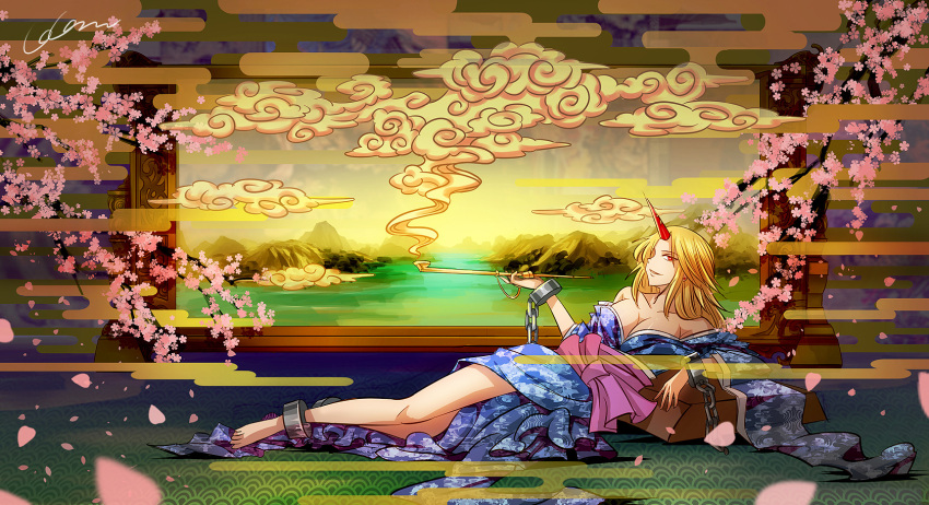barefoot, blonde_hair, breasts, cherry_blossoms, cleavage, cuffs, egasumi, handcuffs
