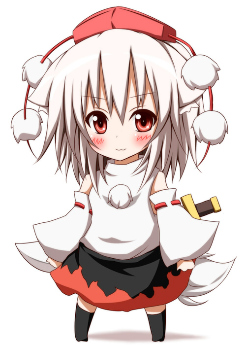 :3, animal_ears, chibi, dera-x!!, detached_sleeves, hat, inubashiri_momiji, karamoneeze, red_eyes, short_hair, skirt, smile, solo, sword, tail, tokin_hat, touhou, weapon, white_hair, wolf_ears, wolf_tail