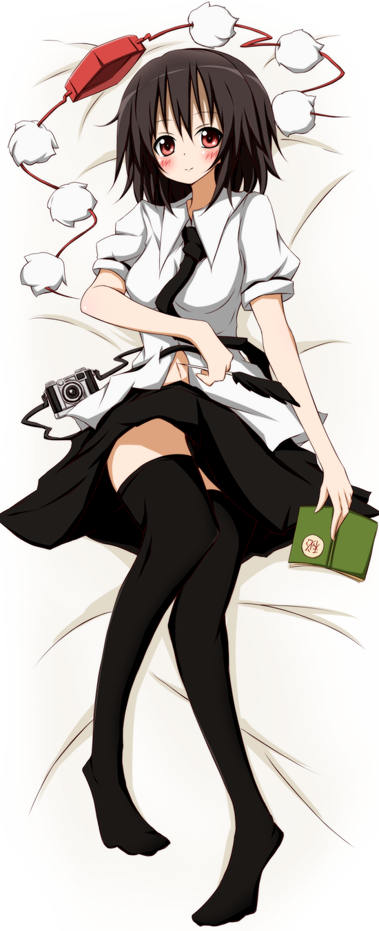 bad_id, black_hair, black_legwear, blush, camera, hat, hat_removed, headwear_removed