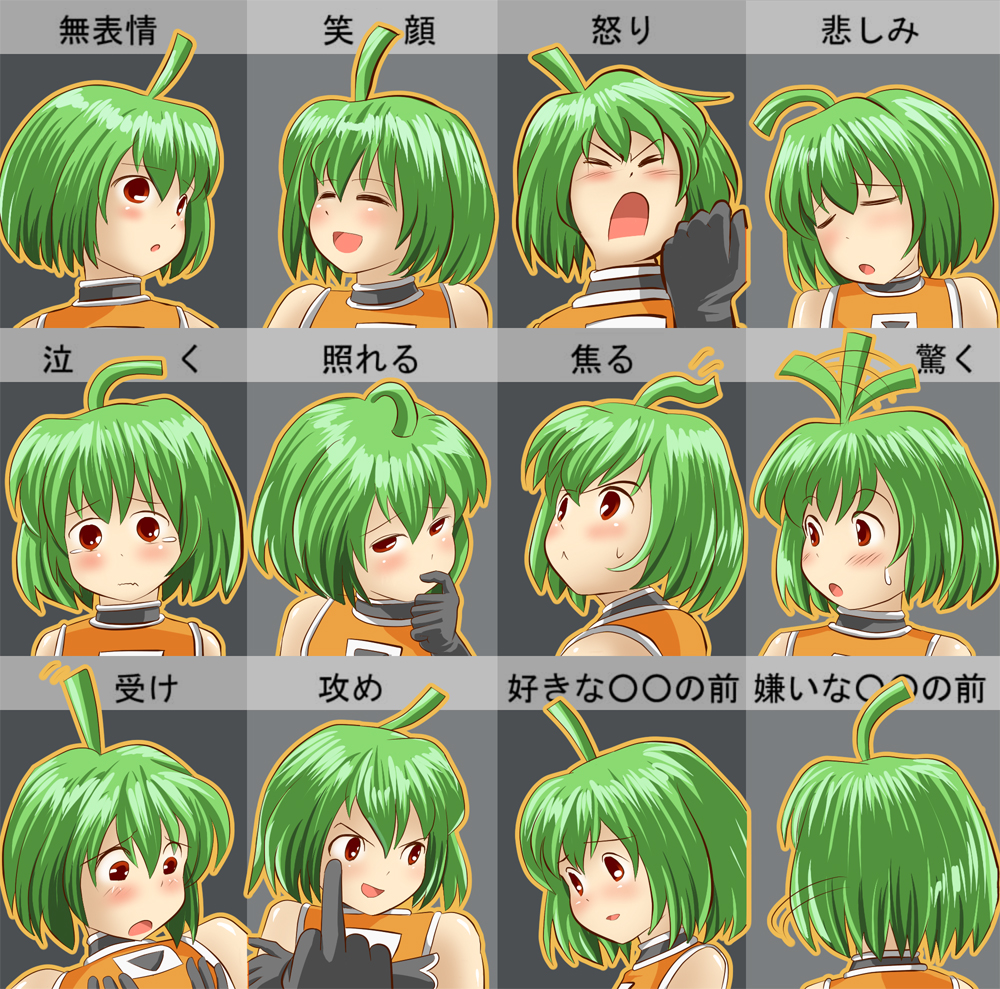 ahoge, blush, chart, ctc, expressions, fl-chan, green_hair, red_eyes