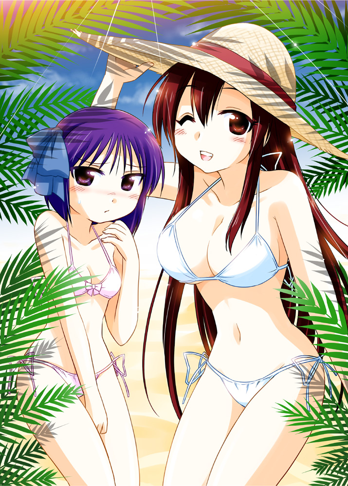 2girls, bikini, brown_eyes, brown_hair, hat, long_hair, multiple_girls, nal=ask