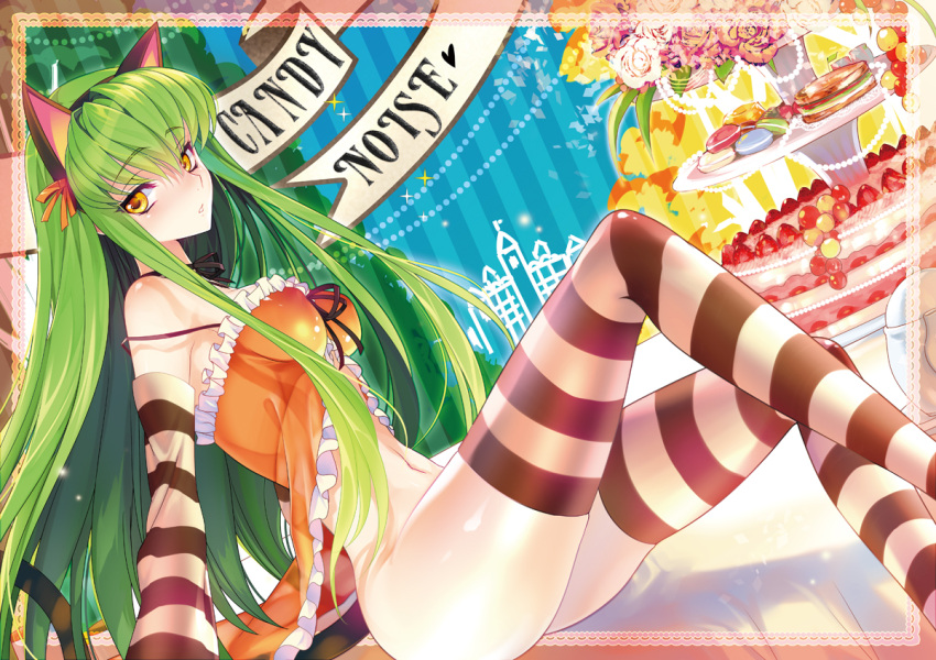 alternate_costume, animal_ears, c.c., cake, cat_ears, cat_tail, cheshire_cat_(cosplay), code_geass, code_geass:_nunnally_in_wonderland, cosplay, creayus, detached_sleeves, fake_animal_ears, food, frills, green_hair, long_hair, navel, no_panties, no_underwear, open_mouth, sitting, solo, striped, striped_legwear, striped_sleeves, tail, very_long_hair, yellow_eyes