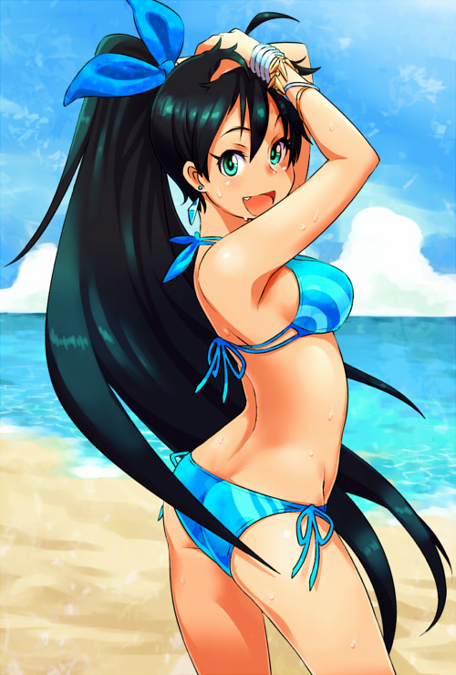 beach, bikini, black_hair, bracelet, breasts, ganaha_hibiki, go-gyan-sun, green_eyes, idolmaster, jewelry, long_hair, looking_at_viewer, ocean, open_mouth, ponytail, side-tie_bikini, solo, swimsuit, very_long_hair