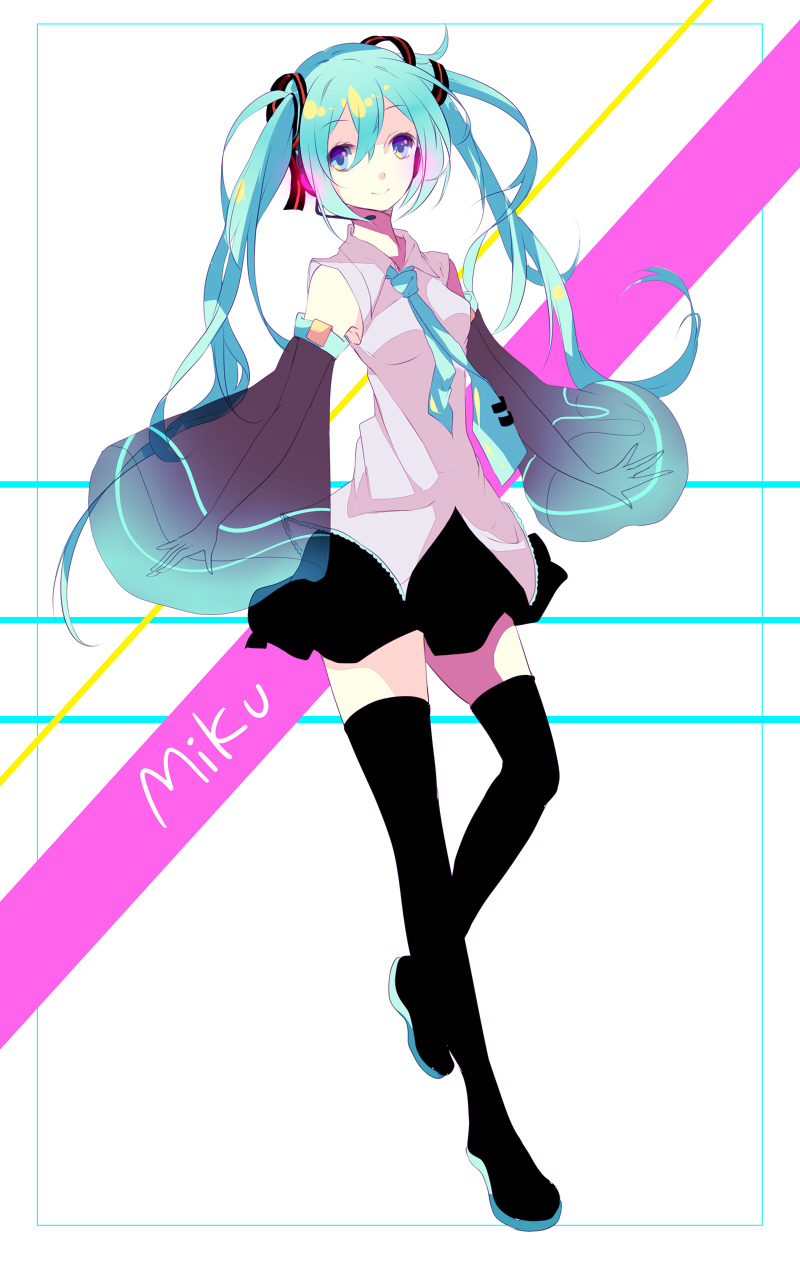 aqua_hair, blue_eyes, boots, character_name, detached_sleeves, hatsune_miku, headset, highres