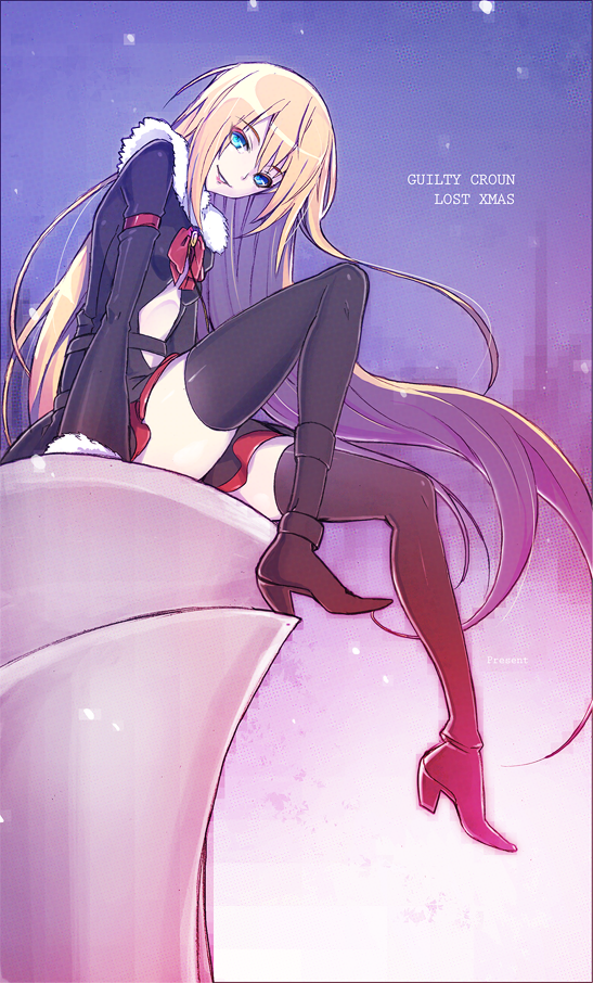 black_legwear, blonde_hair, blue_eyes, boots, dougan_calpis_con, fur_trim, guilty_crown, guilty_crown_lost_christmas