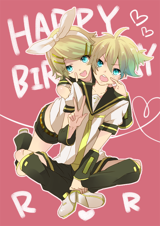 blue_eyes, bow, detached_sleeves, hair_bow, headset, kagamine_len, kagamine_rin, r-01