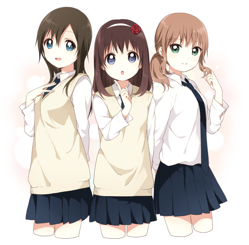 :d, :o, arm_up, black_hair, blue_eyes, brown_hair, bubble_background, cropped_legs
