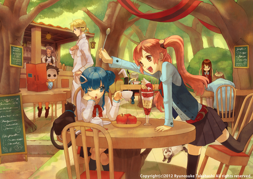 3girls, 5boys, animal, apple, bartender, belt, black_legwear, blonde_hair