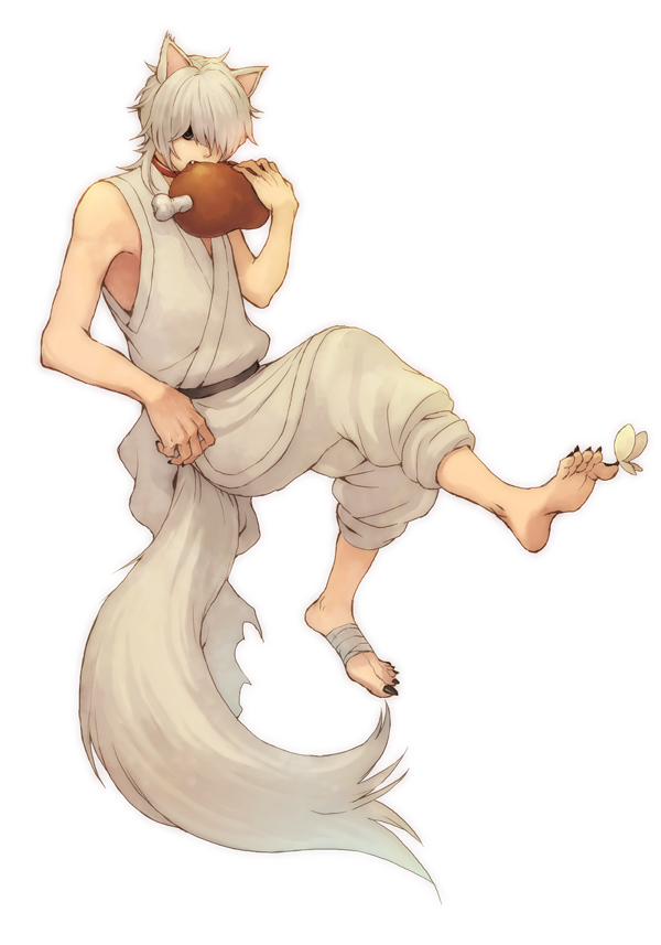 1girl, animal_ears, barefoot, butterfly, dog_ears, dog_tail, eating, food, gintama, hair_over_one_eye, holding, makoto2ryu, male, meat, personification, ryunosuke_takahashi, sadaharu, silver_hair, simple_background, solo, tail, takahashi_ryuunosuke, white_background