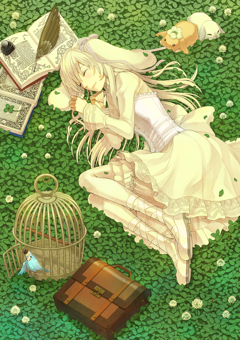 animal_ears, bird, birdcage, blonde_hair, book, briefcase, bunny, bunny_ears