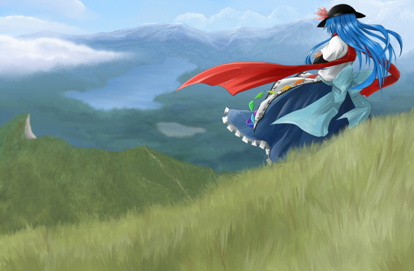 blue_hair, cloud, clouds, crossed_arms, from_behind, grass, hat, highres, hill, hinanawi_tenshi, judo_fuu, jyudo_fu, lake, landscape, long_hair, long_skirt, mountain, red_scarf, scarf, scenery, skirt, solo, standing, touhou, wind